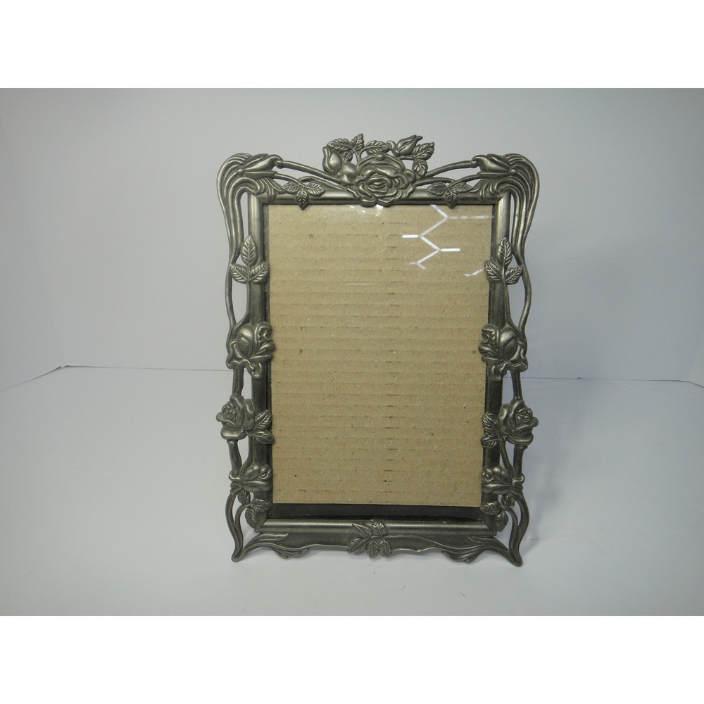 Vintage Art Nouveau Style Pewter Tone Rose Floral 5x7" Picture Frame Metal EUC
